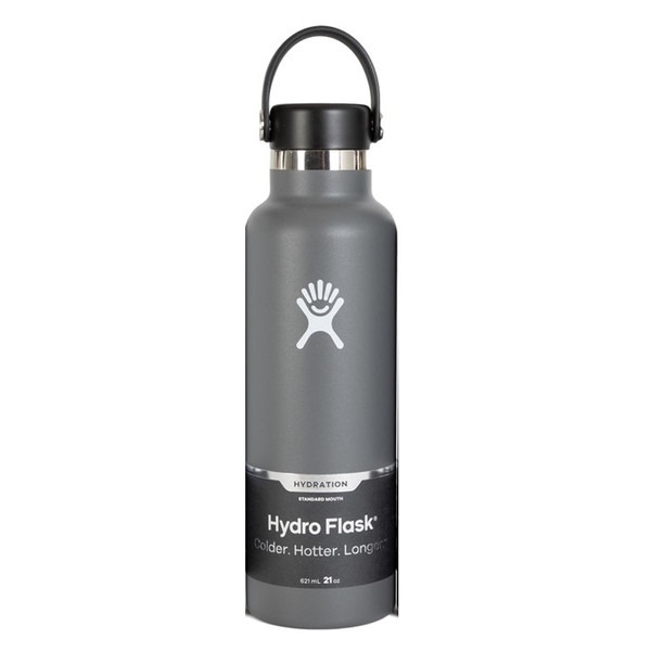 A graphite gray 21 ounce stainless steel Hydroflask standard mouth water bottle with handle strap.